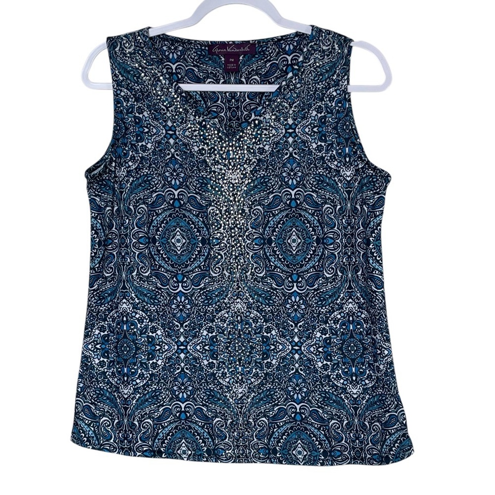 Gloria Vanderbilt Kiera Midnight Affair Blue Tank Top Rhinestone V-Neck Women PM